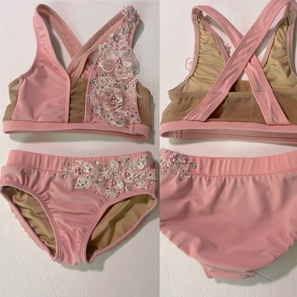 AA dance design custom solo costume pink rhinestone 2 piece set LC child